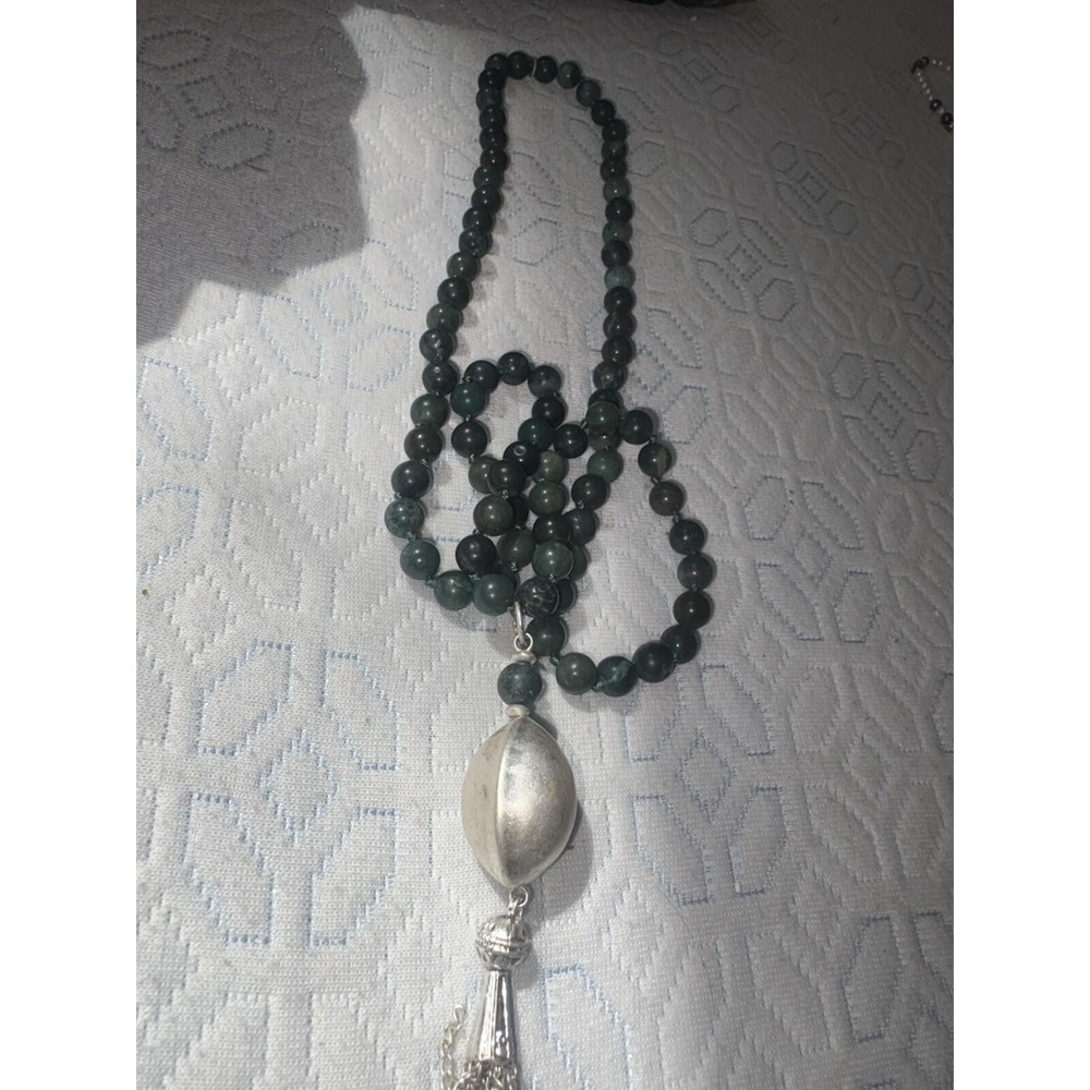 The Nile Collection Nephrite Jade Tasseled Necklace Statement Green Bead Pendant